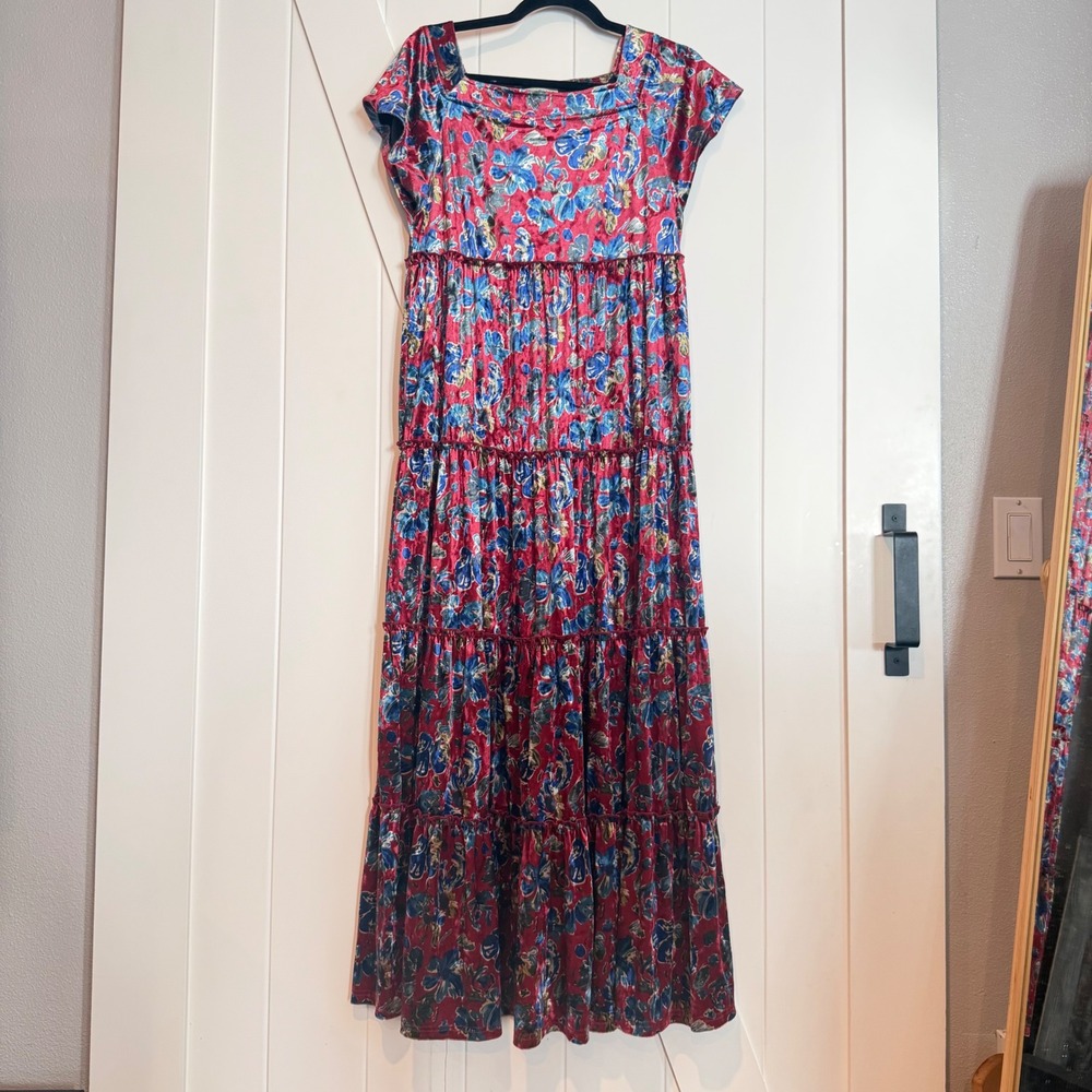 Natural Life Womens Red Floral Velvet Tiered Maxi Dress Square Neck Small Boho